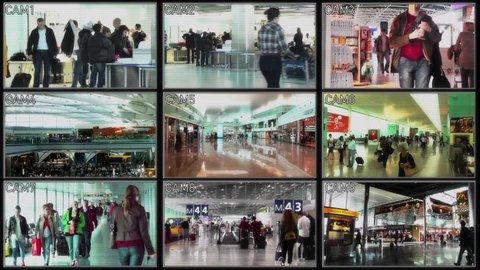 MULTIPLE LOCATIONS / BARCELONA ESP, PARIS FRA, HELSINKI FIN, LONDON UK Circa in 2011 and 2014 : 4K Airport Passenger Terminal Security Camera System in Barcelona, Paris, Helsinki and London