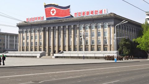 Pyongyang / DPRK - North Korea - April 30 2017: Panoramic view of Kim Il-sung Square and the National Library. UHD - 4K