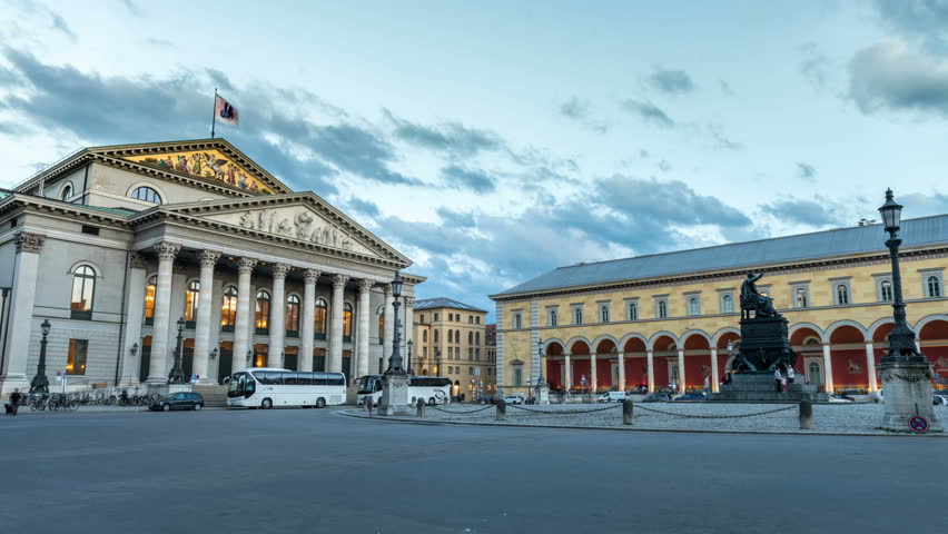 Munich Opera House and Max-Joseph-Platz square in Munich. National Theatre, Bayerische Staatsoper.  Hyperlapse Video at dusk. Royalty-Free Stock Footage #26786806