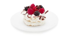Delicious dessert with layers of cake and filled with mascarpone cream and fresh fruit, 2160p intro motion slow