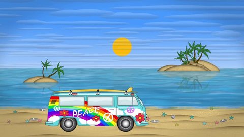 hippie bus surfing Beach stars sunrise Version two