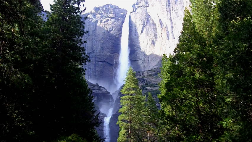 Upper and Lower Yosemite Falls framed by pine trees in Yosemite National Park. 