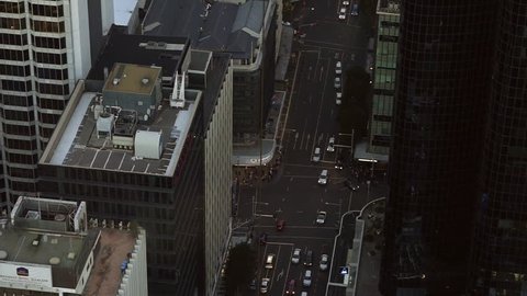 Aerial view of traffic in Auckland city CBD in rush hour. Auckland is the largest Polynesian city in the world.