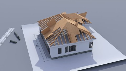 Building a house with a hip roof. Time-lapse 3d animation of house construction - from the blueprints to installation of the roof with pantile roof tile. Top view. 4K