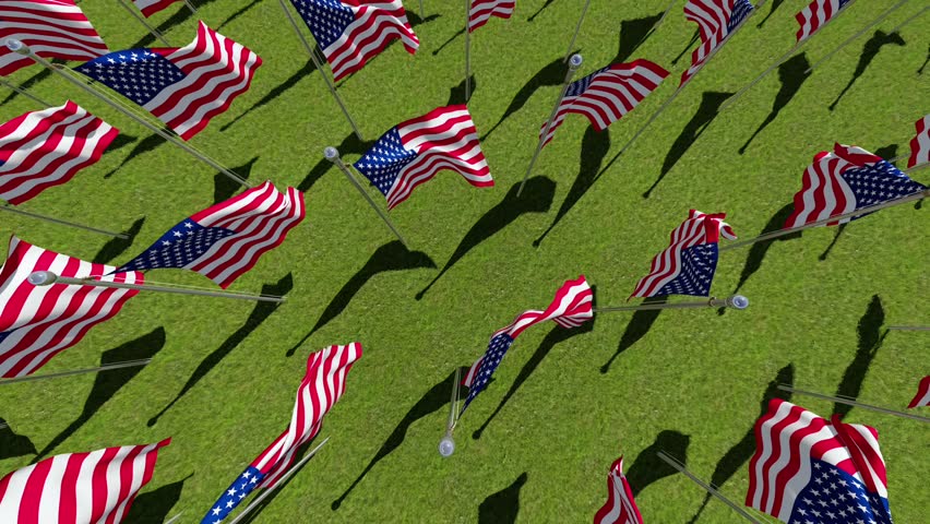 American flags on display for Memorial Day or July 4th. Three dimensional rendering animation. View from above.