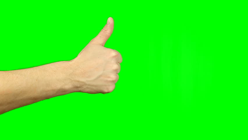Thumbs up sign hand gesture on green screen. Simbol of approval like positive emotion. Footage contains solid green instead alpha channel easy keying. Male hand thumbs-up gestures. Ok good idea.