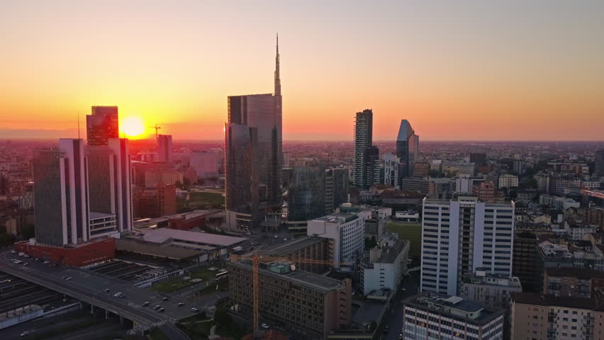 milan city skyline aerial view flying towards financial area skyscrapers Royalty-Free Stock Footage #26812447