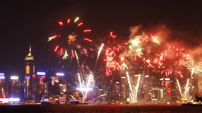 Time lapse of National Day Fireworks Display in Victoria Harbor, Hong Kong.