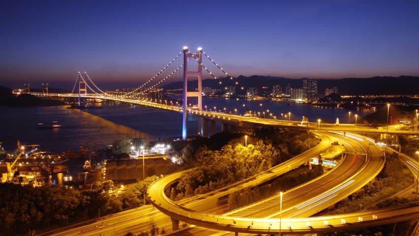 Time lapse of Tsing Ma Bridge at night ( zoom in ) - Tsing Ma Bridge is a bridge