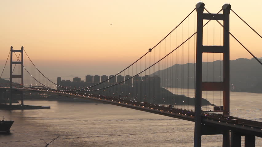 Container Ship Across the Tsing Ma Bridge at Dusk - Tsing Ma Bridge is a bridge