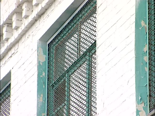 Locked metal mesh window. (Russian prison)