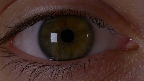 Macro view of man eye opening in slow motion and feeling surprised