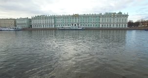 Aerial drone video with view of beautiful vintage architecture of St.-Petersburg, views of Neva River, Vasilevski Island, Finnish Bay and surroundings of the northern capital of Russia