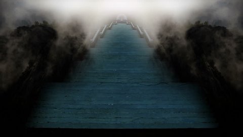 Temple of the Sun, stairways through mountain fog, Zen buddha abstract