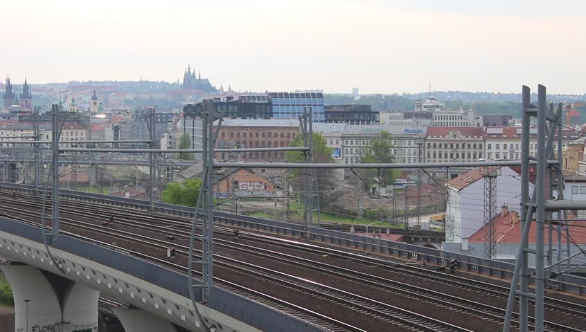 Train passing in the city Prague, Czech Republic. Footage video. Royalty-Free Stock Footage #26826040