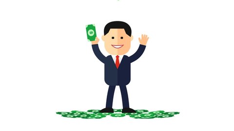 Animation cartoon businessman on pile of money cash in jackpot concept. successful businessman  money bills pile, footage