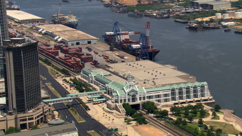 Flight past waterfront and Mobile Convention Center, Mobile, Alabama. Shot in 2007.