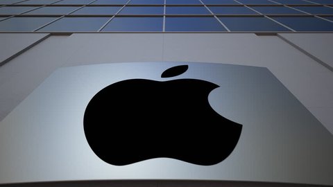 Outdoor signage board with Apple Inc. logo. Modern office building. Editorial 3D rendering