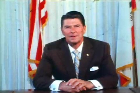 1980s: President Ronald Wilson Reagan announces his drug prohibition campaign, the War on Drugs, sitting at a desk, in an office, in California, in 1982.