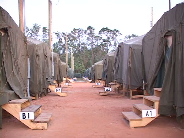 Medium shot of a FEMA refugee camp.