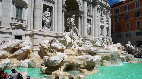 ROME, ITALY - APRIL 24:  Crowded tourist people to visit Rome Trevi Fountain Fontana di Trevi icon sunny day on April 24, 2017 in Rome