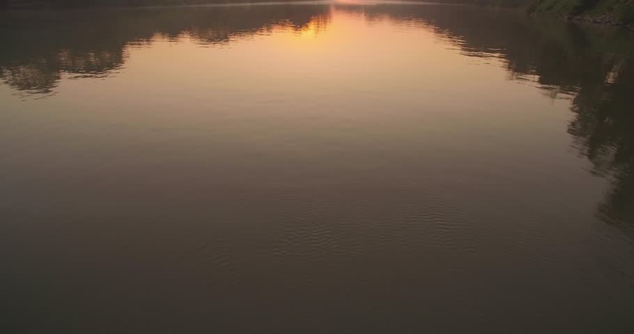 Sunrise Over River, Drone Approach With Camera Tilt