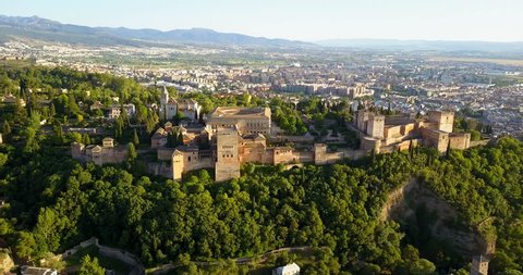 Aerial view. Alhambra Palace on a beautiful sunny evening. Granada, Spain.