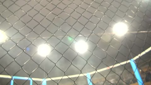Empty mma cage arena octagon ring for fights. Mixed Martial arts fight. Light beams flashing spotlights. Soft focus blur 