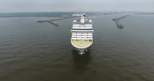 AERIAL: Cruise ship enter to Baltic sea from Curonian lagoon. Lithuania, Klaipeda - 3