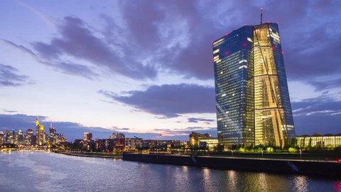 Frankfurt, Germany - April 2017: Evening timelapse of the new building of European Central Bank headquarters