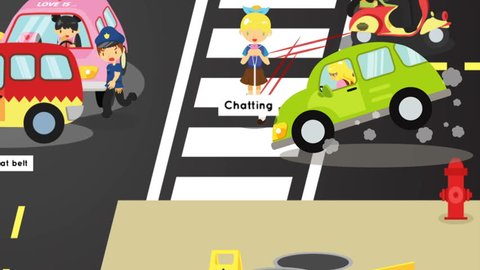 Animation gifographic accidents injuries danger and safety caution on traffic road cause by cars bicycle and careless people. Danger on street infographic with sign in funny kid cartoon for education