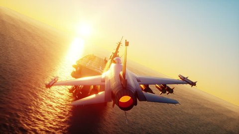 landing jet f16 on aircraft carrier in ocean. Military and war concept. Realistic 4k animation.