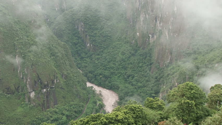 Misty view of the Urubamba Valley from Machu Picchu