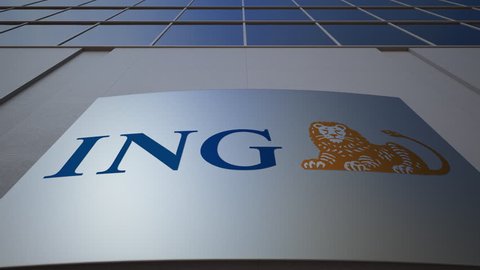Outdoor signage board with ING Group logo. Modern office building. Editorial 3D rendering