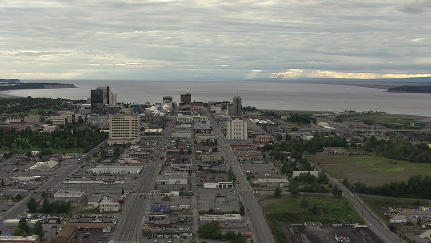 Over Anchorage, Alaska, looking toward Cook Inlet. Shot in July 2012.