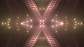 VJ Fractal red kaleidoscopic background. Background gold motion with fractal design on black background. Disco spectrum lights concert spot bulb. Light Tunnel. Seamless loop.