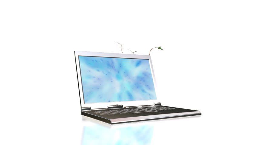 Open laptop with blue particles flying on the display and ivy growing