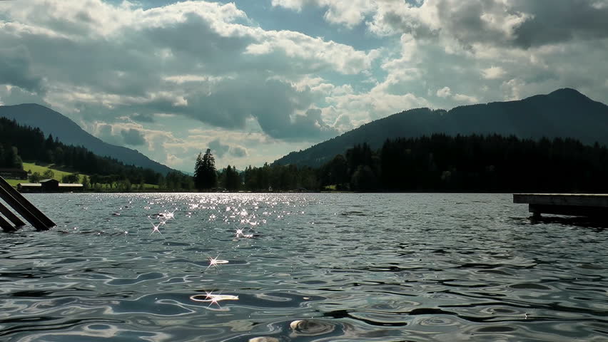 Lakeside and Mountain view stock footage. Glistening Lake In The Austrian Alps.