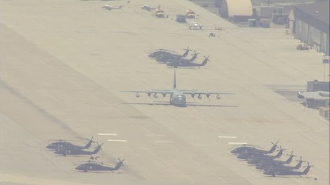 Looking down at military aircraft on an airfield in California