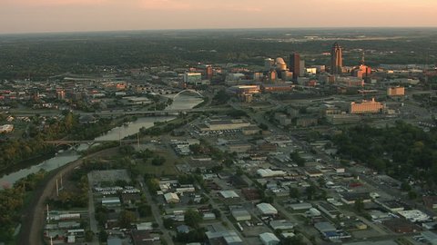 Over Des Moines River with downtown Des Moines, Iowa, in mid-frame at right