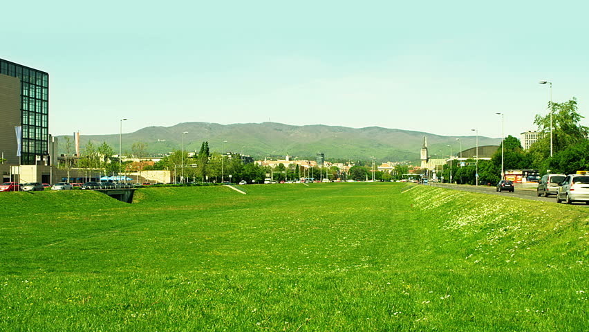 Zagreb green area in downtown, capital of Croatia. View to the cathedral. 