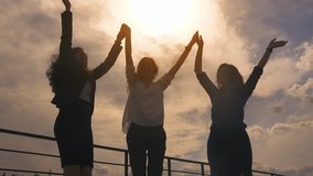 silhouettes girls who hold hands, jump, rejoice and hug. businessmen rejoice in the success of standing on the roof. slow motion - Powered by Shutterstock - Get 15% off with code: PIKWIZARD15