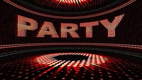 PARTY Text in Monitor and Disco Room Animation, Rendering, Loop, 4k
