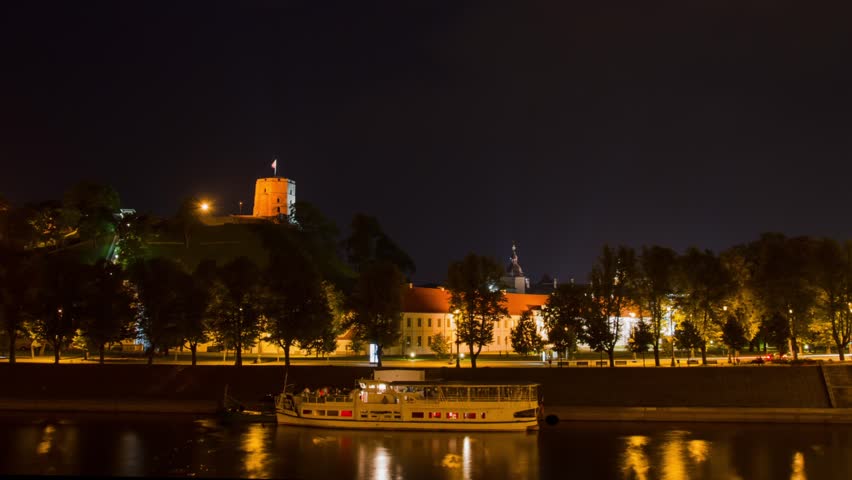Quay at night Vilnius, timelapse in motion