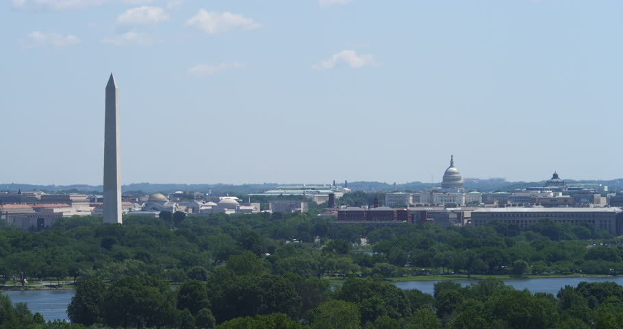 Wide view from Washington Monument to US Capitol Building, Smithsonian Castle in center. Shot in 2012.