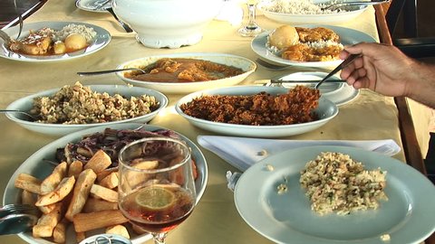 Many plates of food on the table in Fortaleza, Brazil
