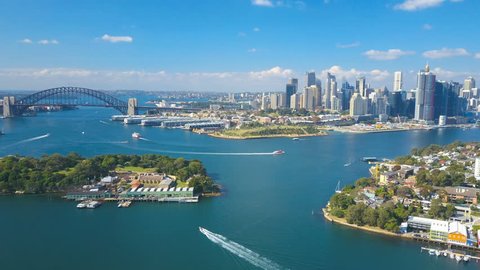 4k aerial hyperlapse video of Sydney Harbour, with view of Harbour Bridge, Opera House and skyline of CBD