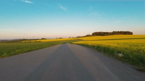 Car driving in evening spring rural countryside road on a sunny day. Landscape of meadow and rape field. Camera in front of the vehicle. Blue sky with sunlight, travel and transportation concepts. 