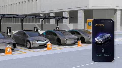 Electric cars in car sharing parking lot. Autonomous cars' sharing business concept. 3D rendering animation.