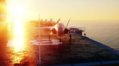 Jet f35, fighter on aircraft carrier in sea, ocean . War and weapon concept. Realistic 4k animation.